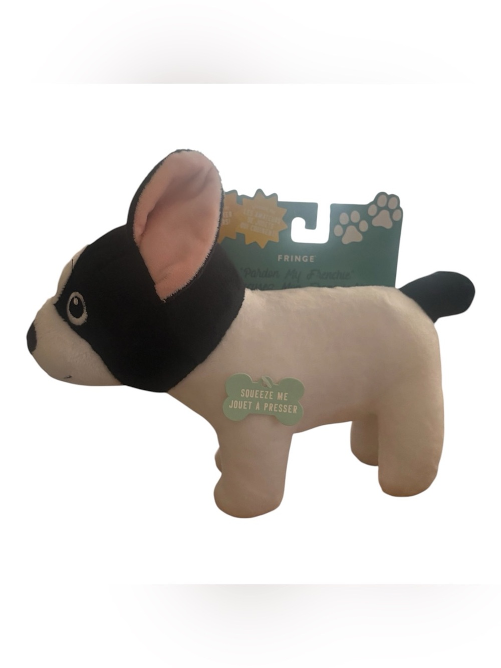 Fringe Studio Pink and Black “Pardon My Frenchie” Plush Dog Squeaker Toy NWT